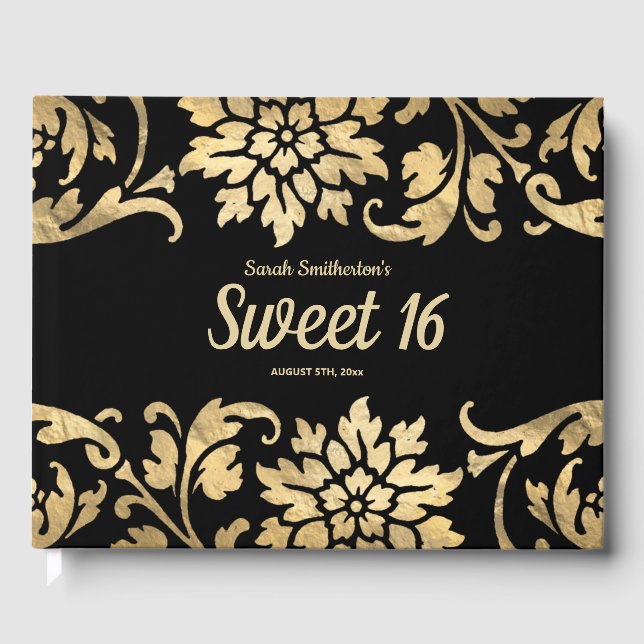 Livre D'or Elégante Black Gold Flowers Sweet 16 Anniversaire (Recto)
