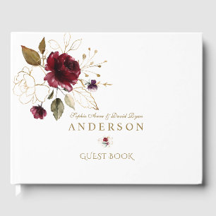 Livre D'or Élégante Bourgogne Gold Flowers Monogram Mariage