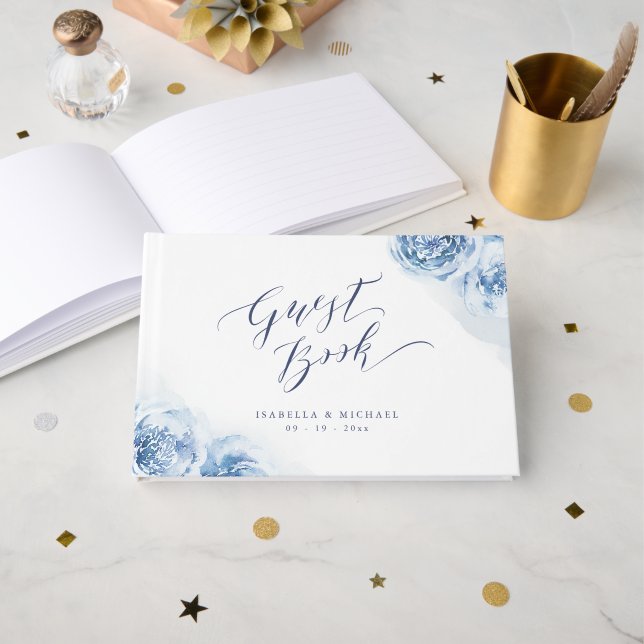 Livre D'or Elégante calligraphie bleu aquarelle mariage flora (Recto ouvert)