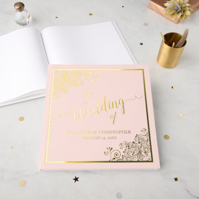 Livre D'or Élégante calligraphie Blush Pink & Gold Mariage (Recto ouvert)