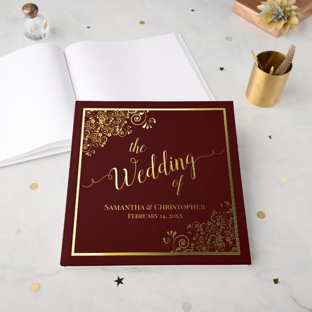Livre D'or Élégante calligraphie Gold Foil sur Mariage Brown (Recto ouvert)