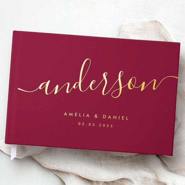 Livre D'or Elégante calligraphie noir mariage bordeaux réel (Elegant calligraphy black wedding burgundy real foil guest book)