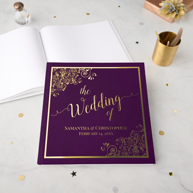 Livre D'or Élégante calligraphie Plum Purple Gold Mariage (Recto ouvert)