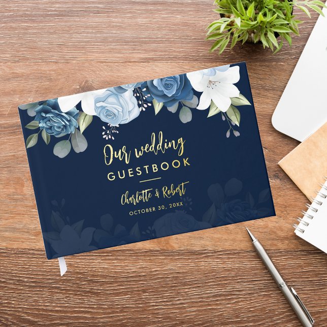 Livre D'or Elégante couleur bleu azur Mariage floral (Dusty Blue Floral Wedding Gold Foil Guest Book)