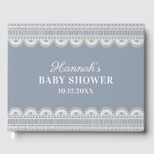 Livre D'or Elégante dentelle blanche Dusty Baby shower bleu