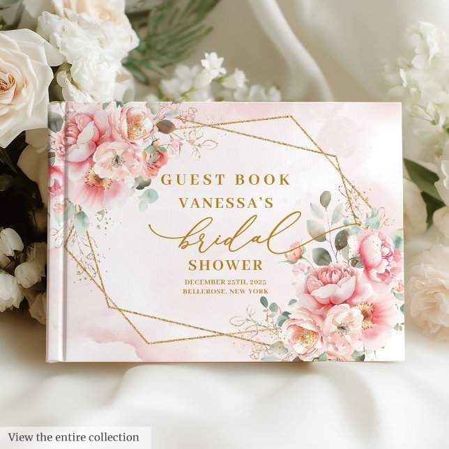 Livre D'or Elégante Fête des mariées florale à cadre rose ros (Elegant Blush Gold Frame Floral Bridal Shower Guest Book)