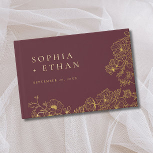Livre D'or Elégante Floral Line Art Bourgogne Mariage Foil