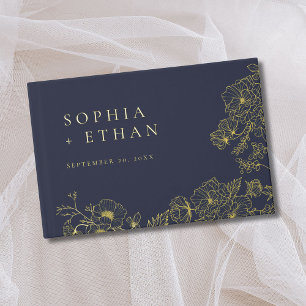 Livre D'or Elégante Floral Line Art Navy Blue Mariage Foil
