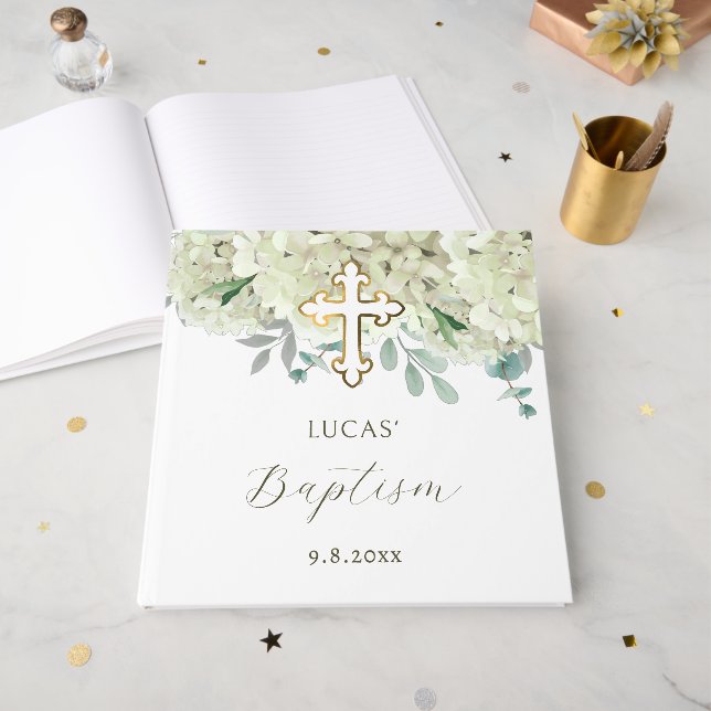 Livre D'or Élégante Hydrangée Blanche Baptême (Recto ouvert)