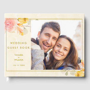 Livre D'or Elégante photo or aquarelle Mariage floral