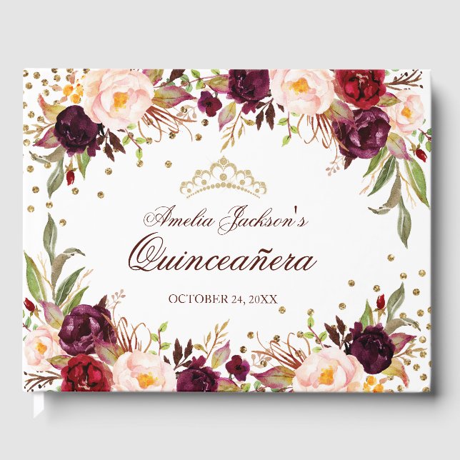 Livre D'or Elégante Quinceanera Florale Bourgogne Or (Recto)
