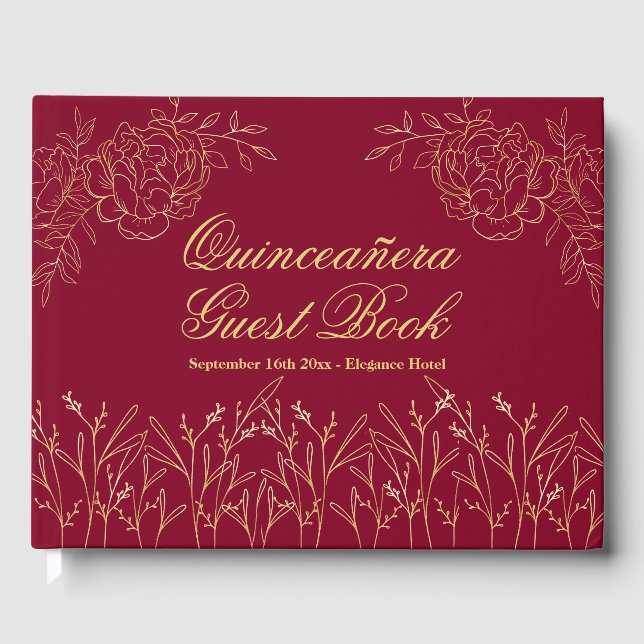 Livre D'or Élégante Quinceanera Florale Outline Burgundy Gold (Recto)