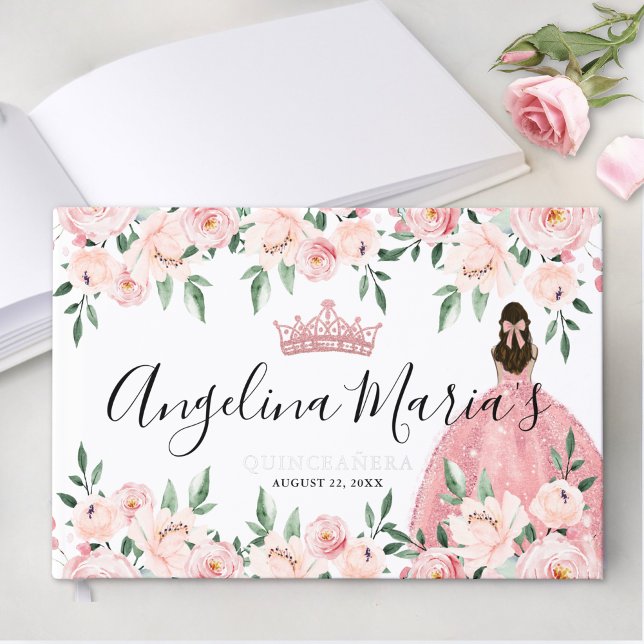 Livre D'or Élégante Quinceanera rose florale (Elegant Floral Purple Quinceanera Foil Guest Book )