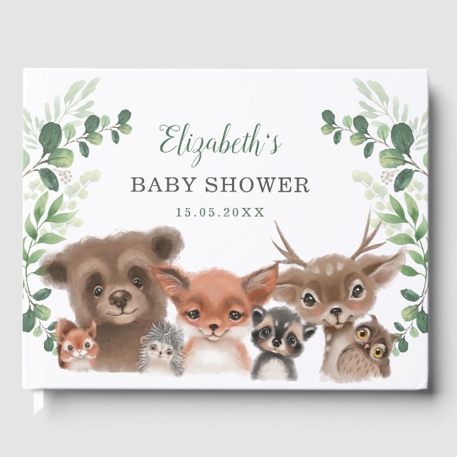 Livre D'or Élégante verdure Baby shower d'animaux de bois (Recto)