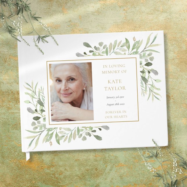 Livre D'or Élégante Verdure En Mémoire Amoureuse Photo Funéra (Elegant Greenery In Loving Memory Photo Funeral Guest Book)