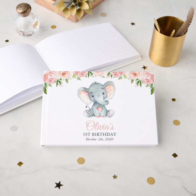 Livre D'or Eléphant, Fleurs Aquarelles Roses, Premier Anniver (Recto ouvert)