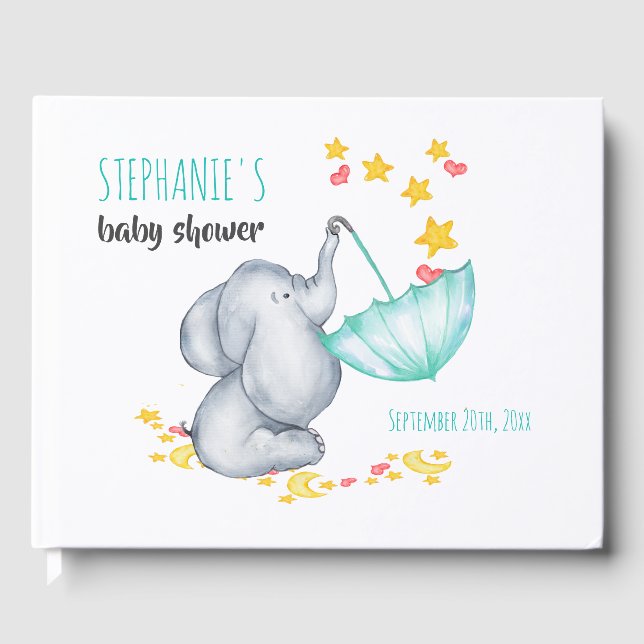 Livre D'or Eléphant Lune et Stars Baby shower aquarelle (Recto)