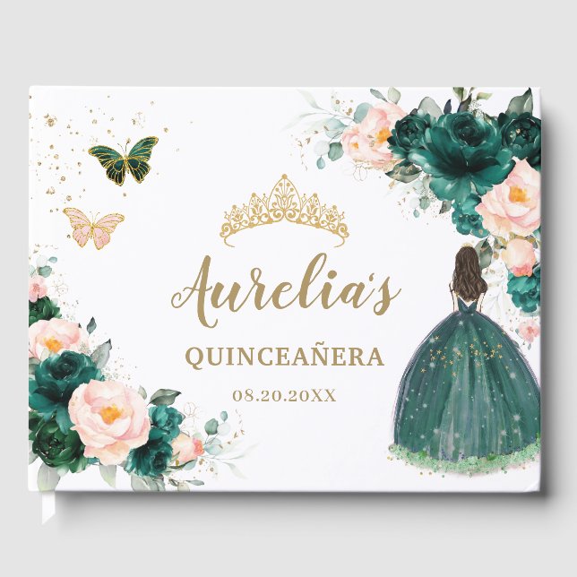 Livre D'or Emerald Green Blush Floral Princess Quinceañera (Recto)