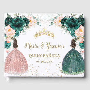 Livre D'or Emerald Green Blush rose Floral Twins Quinceañera