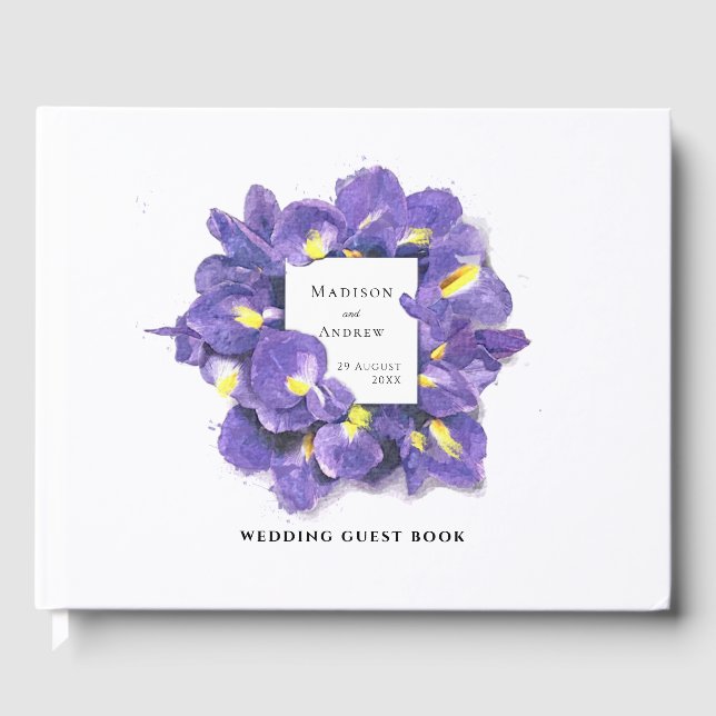 Livre D'or Étonnant violet Irises Aquarelle Floral Mariage (Recto)