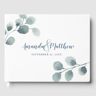 Livre D'or Eucalyptus Verdure Aquarelle Feuillage Bleu Dusty