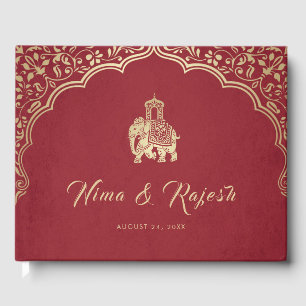 Livre D'or Faire-part de mariage Indien, Rouge, Or, Ganesha