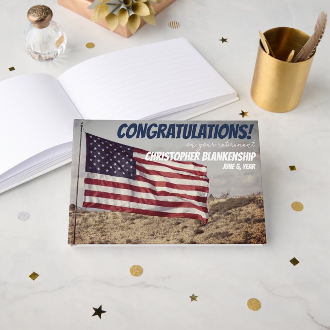 Livre D'or Félicitations à la retraite drapeau rustique améri (Recto ouvert)