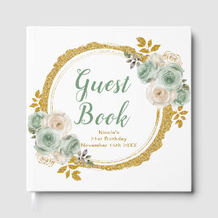 Livre D'or Fête d'anniversaire élégante aux fleurs vert sauge