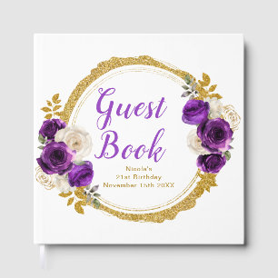 Livre D'or Fête d'anniversaire élégante fleurs or violet fonc