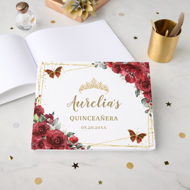 Livre D'or Fête de Quinceañera Fleurs Rouges Papillons Dorés  (Recto ouvert)