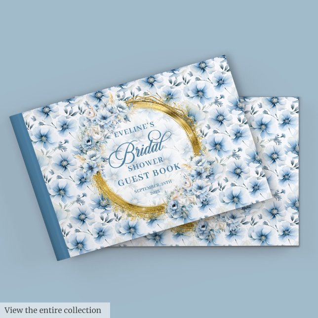 Livre D'or Fête des mariées Boho Dusty Blue Gold Parties scin (Boho Dusty Blue Gold Glitter Flowers Bridal Shower Guest Book)