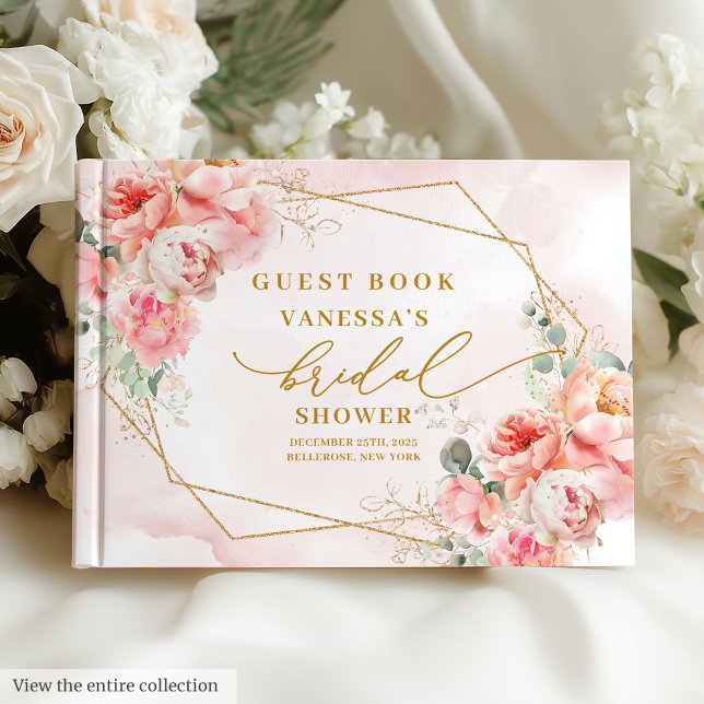 Livre D'or Fête des mariées Rose classique Boho Blush Gold Fr (Classic Blush Gold Frame Roses Bridal Shower Guest Book)