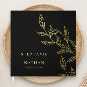 Livre D'or Feuille simple moderne noir Mariage or