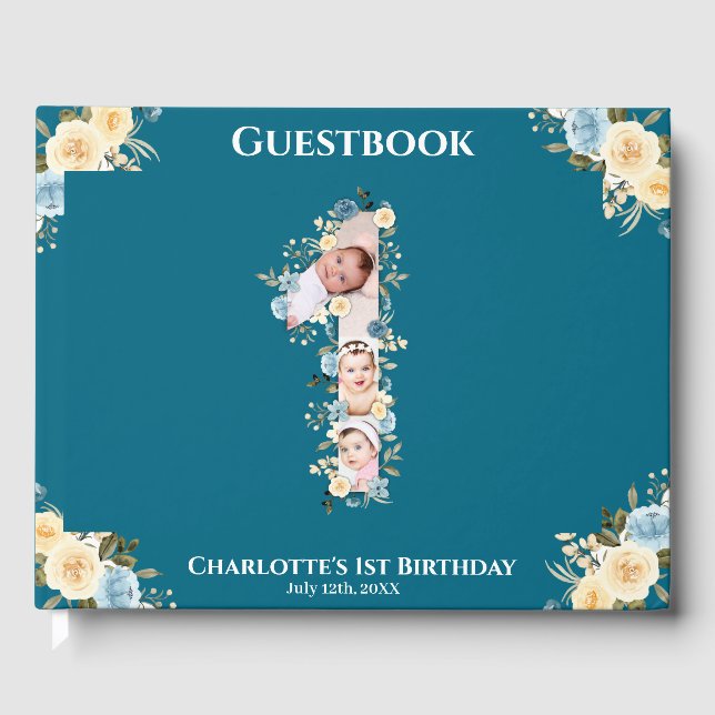 Livre D'or Fleur 1er anniversaire Turquoise Photo Collage ble (Recto)