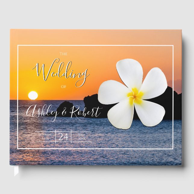 Livre D'or Fleur Plumeria blanche avec coucher de soleil doré (Recto)
