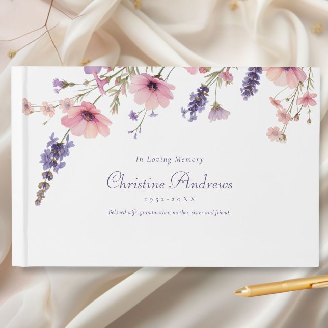 Livre D'or Fleur sauvage Funérailles "En mémoire de l'amour" (Wildflower "In Loving Memory" Funeral Guest Book, White-Purple, Floral)