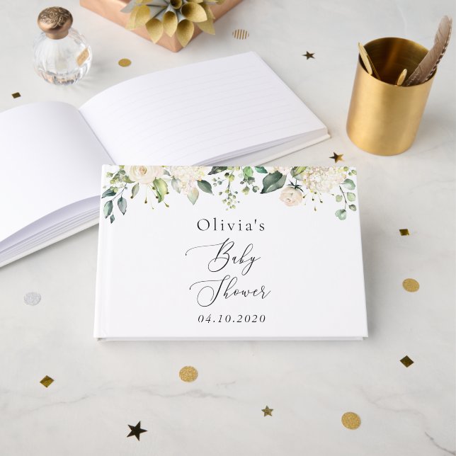 Livre D'or Fleurs blanches, Fleurs de crème, Boho, Baby showe (Recto ouvert)