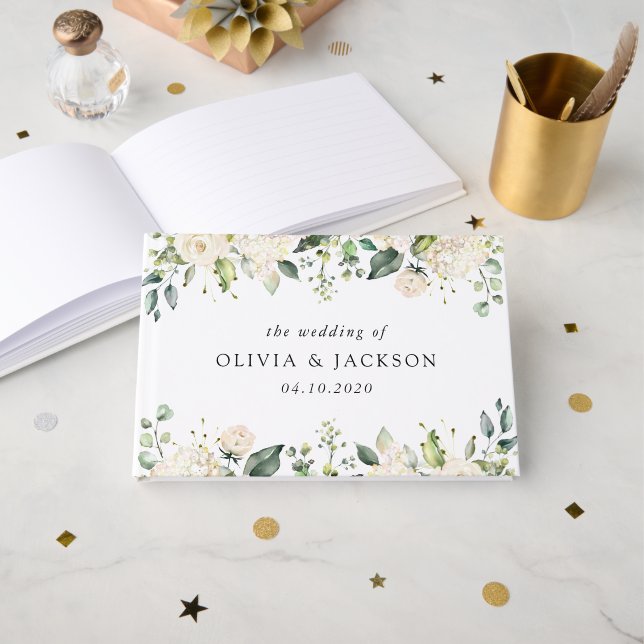 Livre D'or Fleurs blanches, Fleurs de crème, Verdure, Mariage (Recto ouvert)