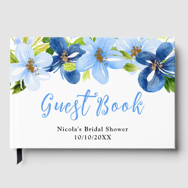 Livre D'or Fleurs bleues et marine avec feuillage Baby Shower (Recto)