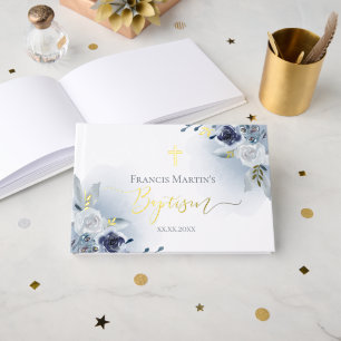 Livre D'or fleurs d'aquarelle bleue Baptême