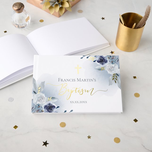 Livre D'or fleurs d'aquarelle bleue Baptême (Recto ouvert)