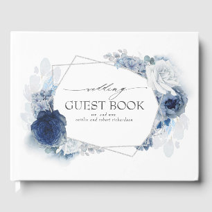 Livre D'or Fleurs d'aquarelle bleue Élégant Mariage d'argent