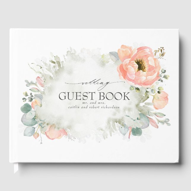 Livre D'or Fleurs d'aquarelle de pêche Mariage élégant (Recto)