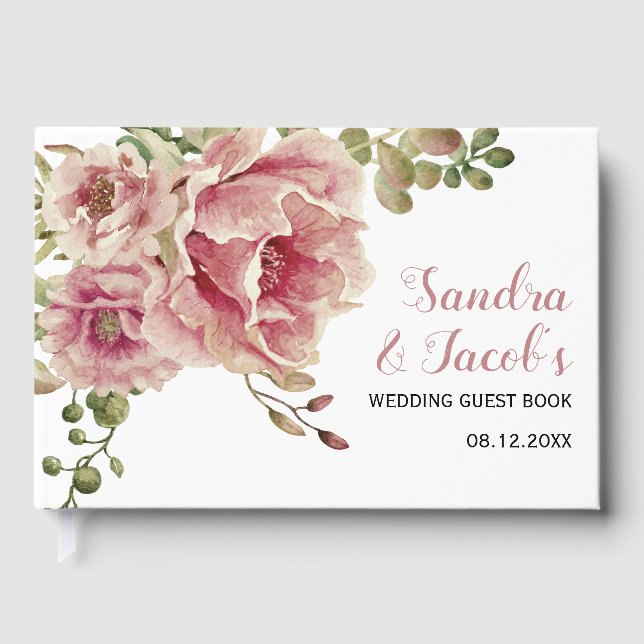 Livre D'or Fleurs d'aquarelle Dusty rose, mariage de typograp (Recto)