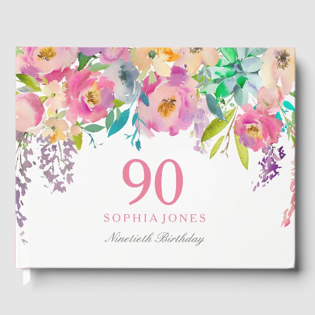 Livre D'or Fleurs d'aquarelle Pastel 90e fête d'anniversaire (Recto)
