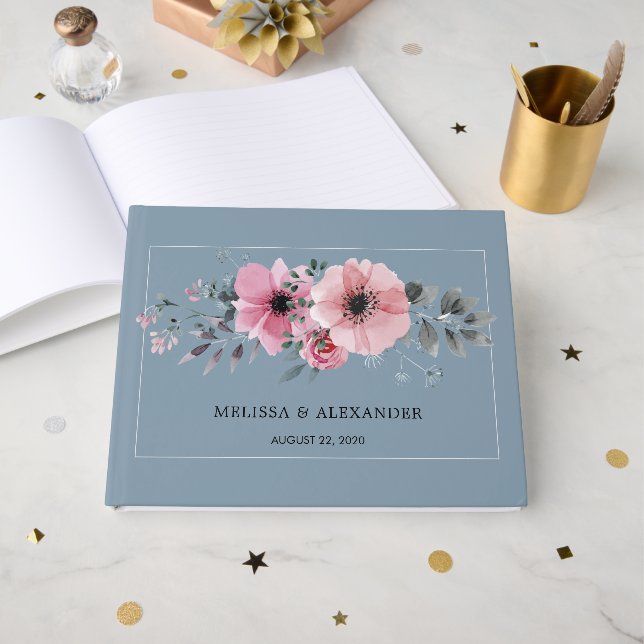 Livre D'or Fleurs d'aquarelle rustique Mariage bleu poussiére (Recto ouvert)