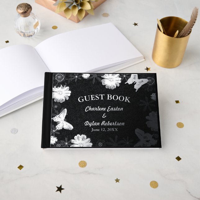 Livre D'or Fleurs d'huile d'argent et papillons Mariage noir (Recto ouvert)