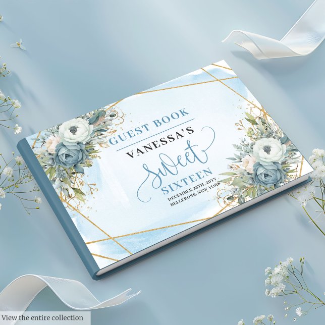 Livre D'or Fleurs d'or Bleu Bleu Pastel Douce 16e (Glitzy Pastel Blue White Gold Flowers Sweet Sixteen Guest Book)