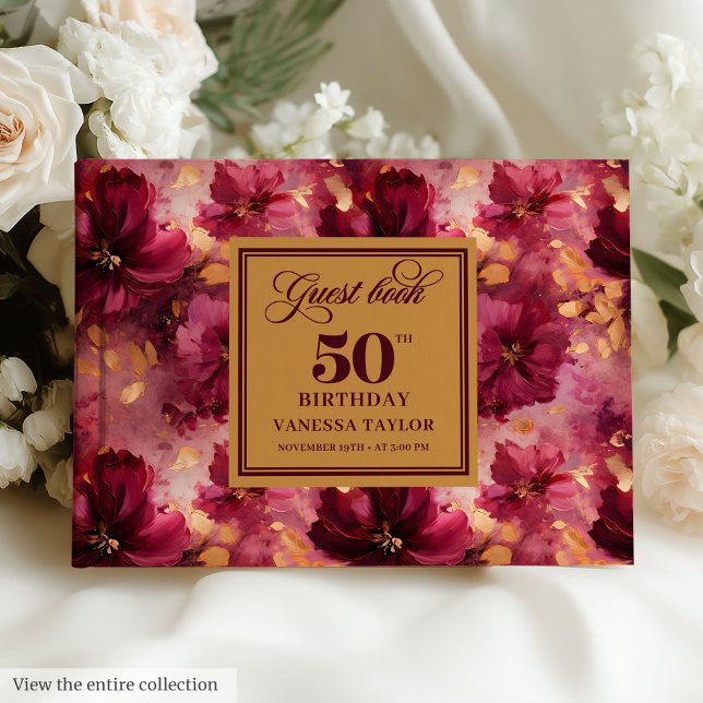 Livre D'or Fleurs d'or rousses de marron rustique 50e anniver (Rustic Maroon Blush Gold Flowers 50th Birthday Guest Book )