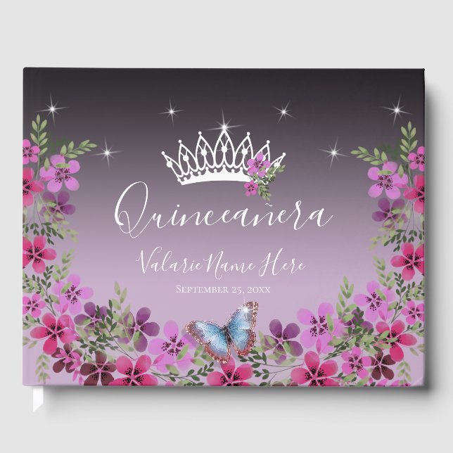 Livre D'or Fleurs et papillon princesse Quinceanera violet (Recto)